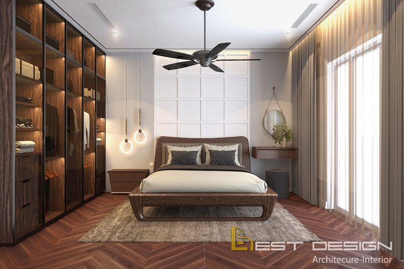 Phòng ngủ master trở nên sang trọng, ấm áp với nội thất gỗ tự nhiên sang trọng, thời thượng
